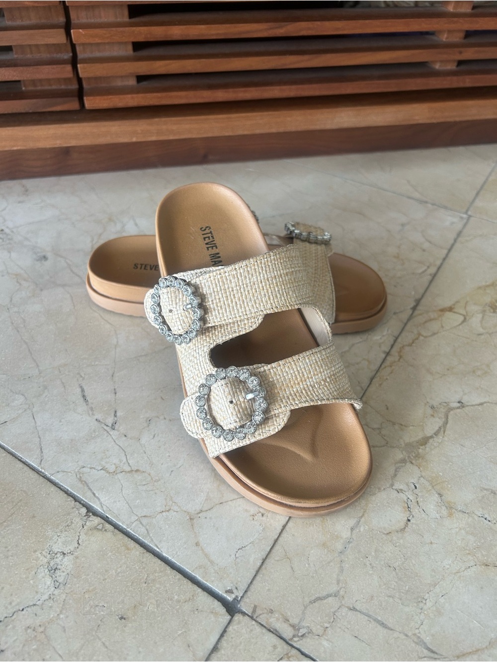 Steve Madden Raffa Girls Raffia Double Buckle Slide Sandals Beige Size 1